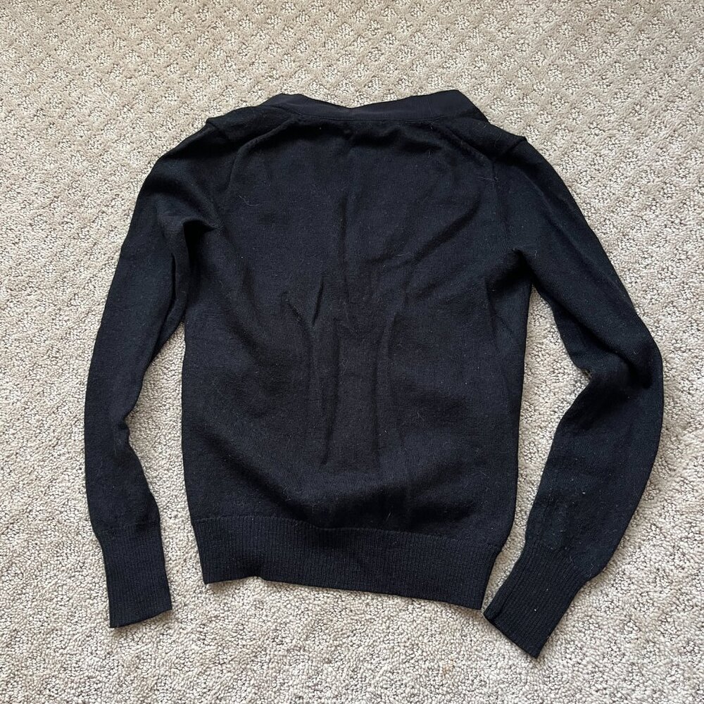 J. Crew Cardigan Black V Neck Pockets Merino Wool Tight Knit Ribbon Trim Size XS - Picture 5 of 10